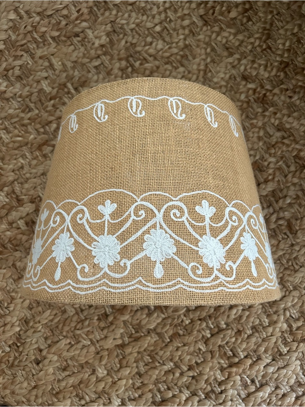 White Floral Embroidered Burlap Lamp Shade.